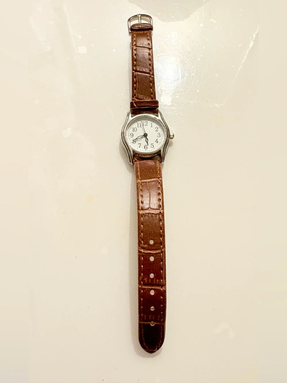 Men's Silver Case Watch with White Dial and Brown Leather Strap